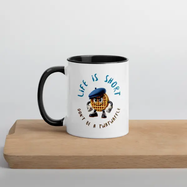 Life is Short, twatwaffle 11 oz mug on cutting board